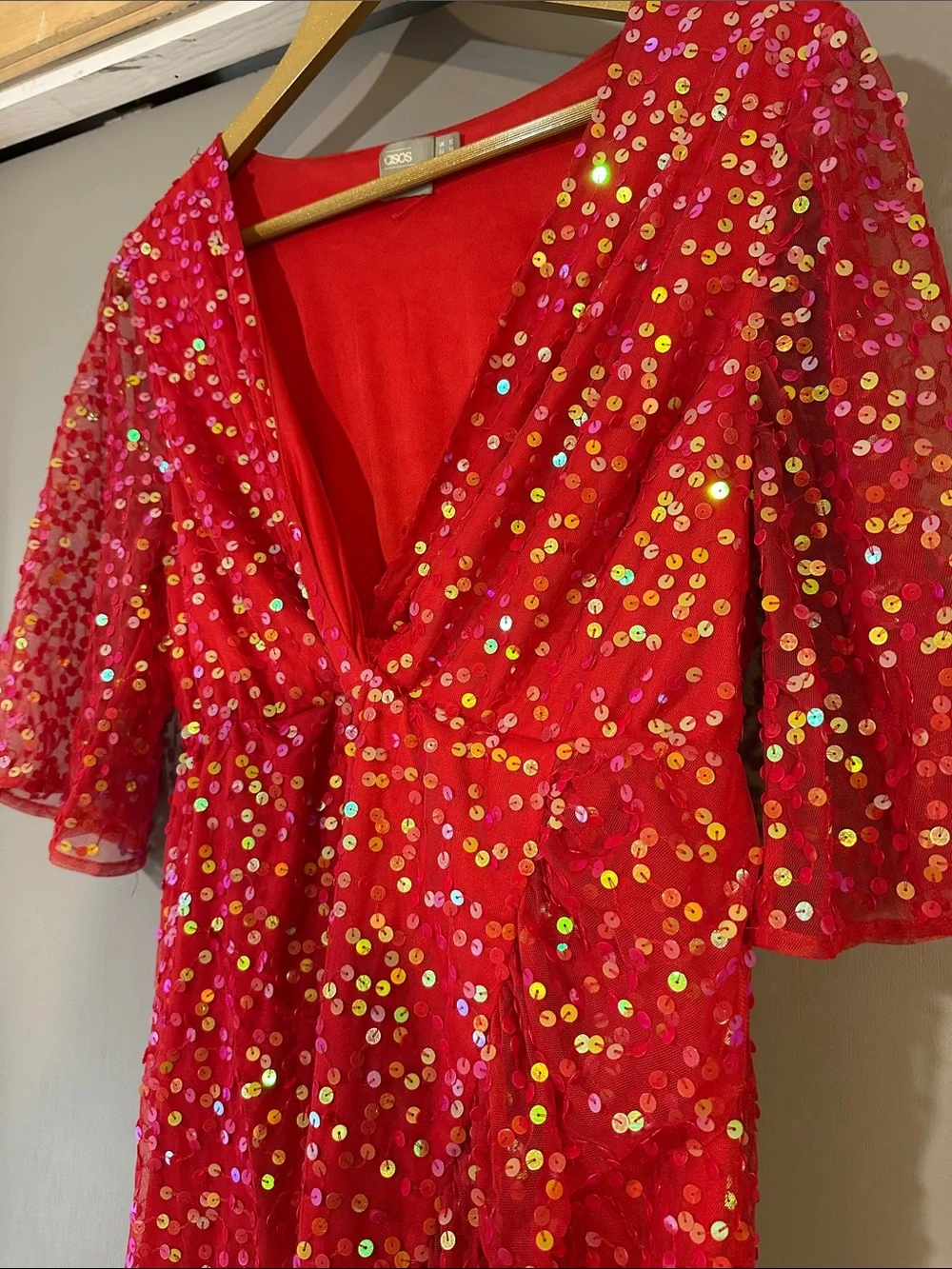 ASOS Red Sequin Midi Dress Size 6 Holiday Party Cocktail Wrap Style - Picture 7 of 10